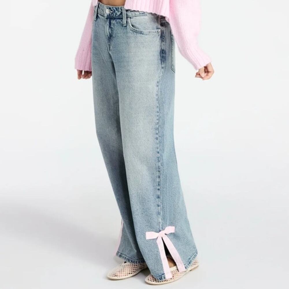 Juniors Baggy Wide Leg Jeans Sz 4 Coquette Bow Y2K Light Wash No Boundaries